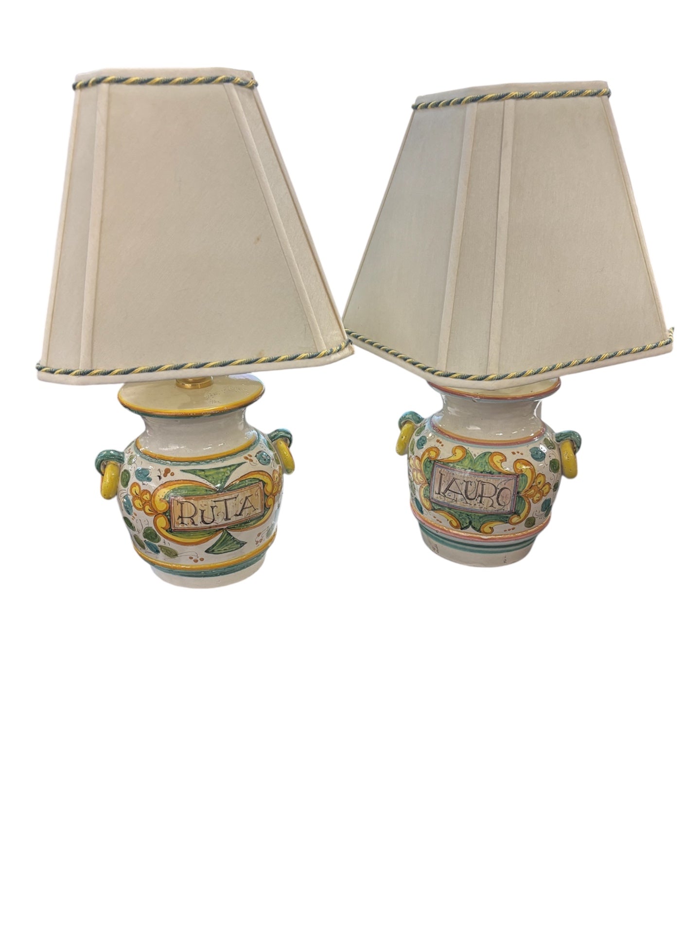Italian Hand Painted Glazed Ceramic Apothecary Jar Lamps with Botanical Motifs and Off-White Fabric Shades (Pair)