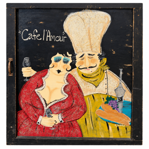 “Café l’Amour” French Bistro Chef & Woman Painted Wood Wall Art