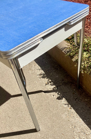 Vintage Mid-Century Blue Laminate Dinette Table with Chrome Legs & Two Extension Leaves