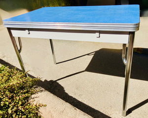 Vintage Mid-Century Blue Laminate Dinette Table with Chrome Legs & Two Extension Leaves