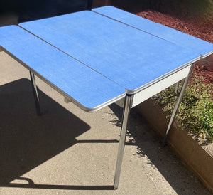Vintage Mid-Century Blue Laminate Dinette Table with Chrome Legs & Two Extension Leaves