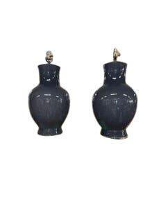 Pair of Blue Glazed Ceramic Vase Table Lamps