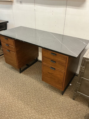 CB2 Fullerton 6-Drawer Walnut Wood Marble Top Desk 24x57x30