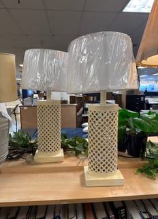 Pair of Cream Lattice Ceramic Table Lamps with Shades