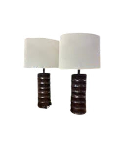 Pair of Dark Brown Ceramic Ribbed Table Lamps 28in Tall