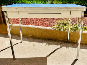 Vintage Mid-Century Blue Laminate Dinette Table with Chrome Legs & Two Extension Leaves
