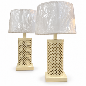 Pair of Cream Lattice Ceramic Table Lamps with Shades