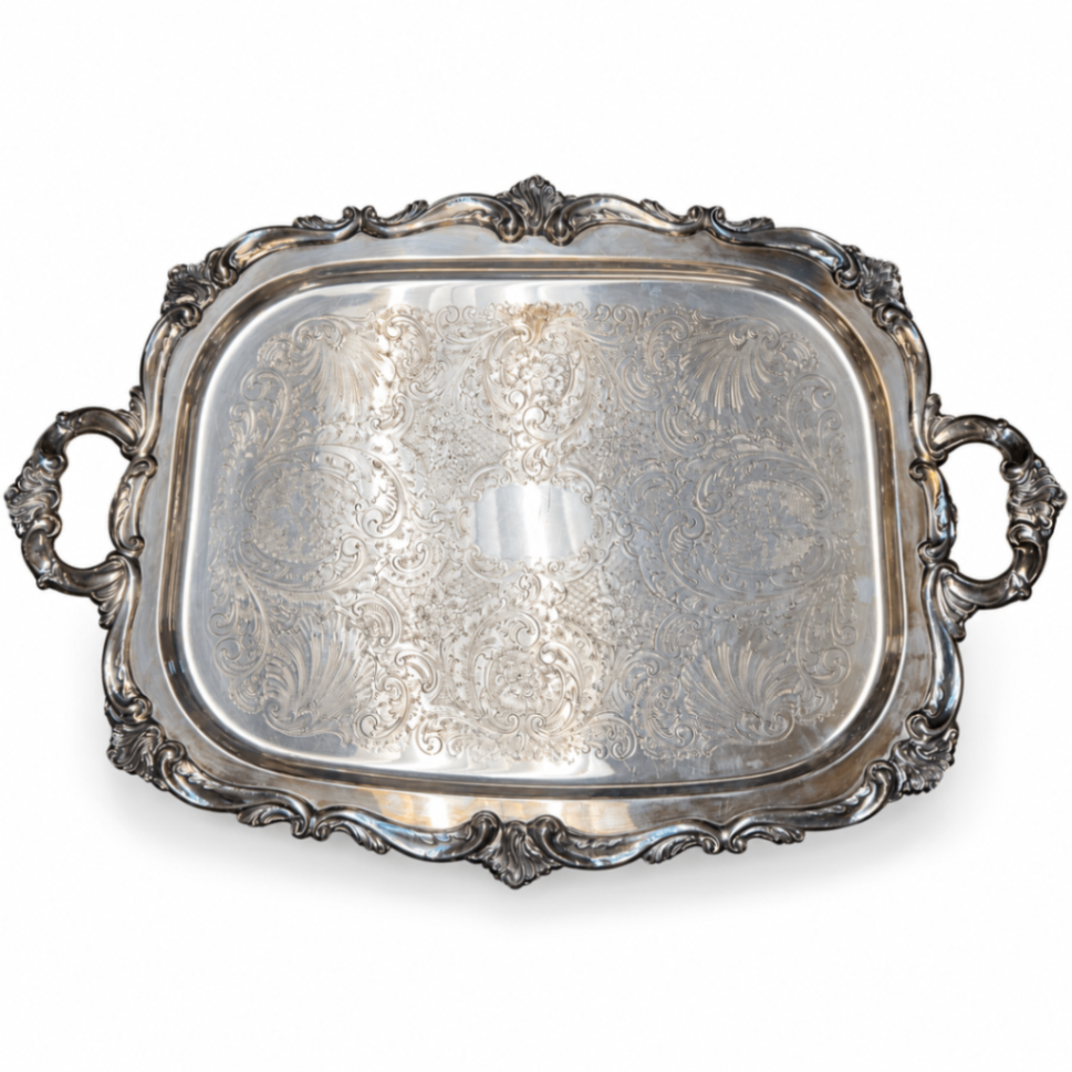     Ornate Silverplate Rectangular Serving Tray with Handles