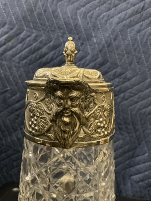 Glass Claret Jug with Bacchus Mask and Ornate Metal Mounts