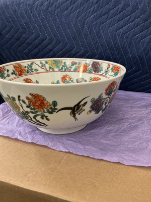 Chinoiserie Porcelain Decorative Bowl with Birds & Colorful Flowers