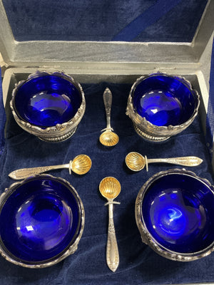 Boxed Set of Four Cobalt Blue Glass Salt Cellars with Metal Holders & Shell Spoons, 2″