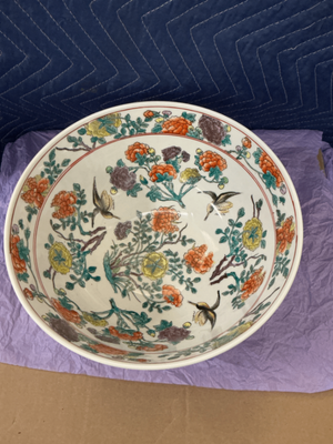 Chinoiserie Porcelain Decorative Bowl with Birds & Colorful Flowers