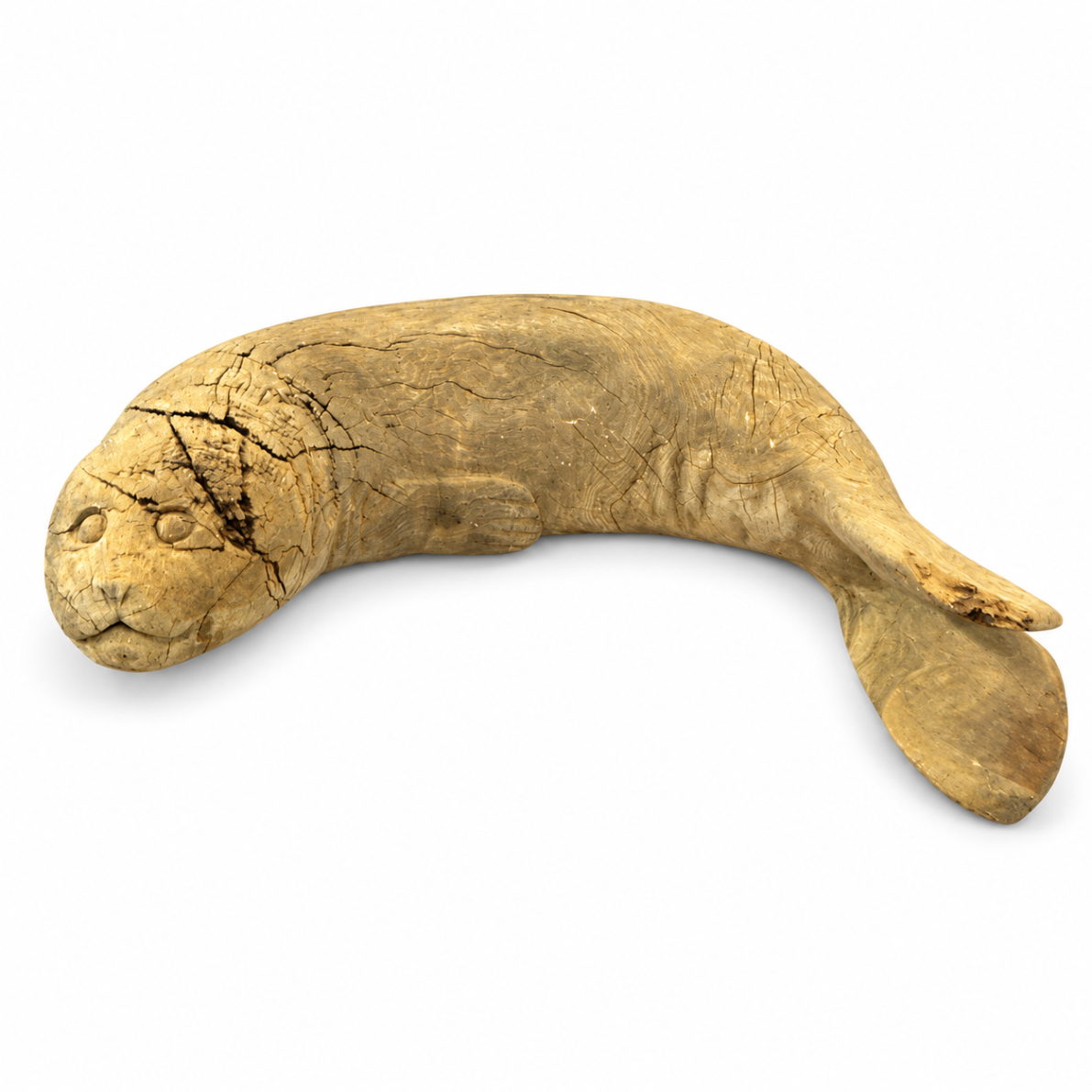 Rustic Carved Wood Seal Sculpture with Weathered Finish