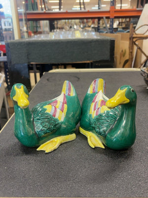 Pair of Chinese Export Sancai-Style Ceramic Duck Figurines, Emerald Green Glaze