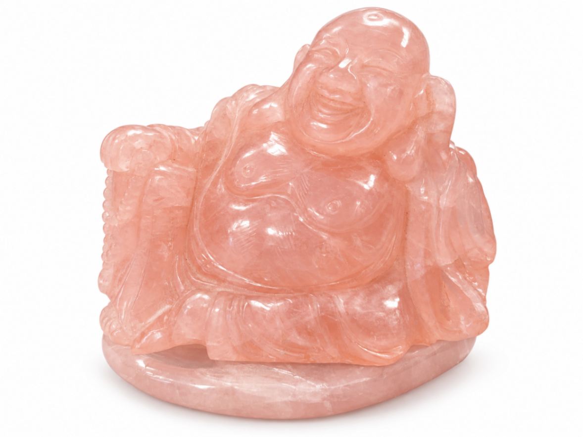  Rose Quartz Laughing Buddha Carved Stone Figurine