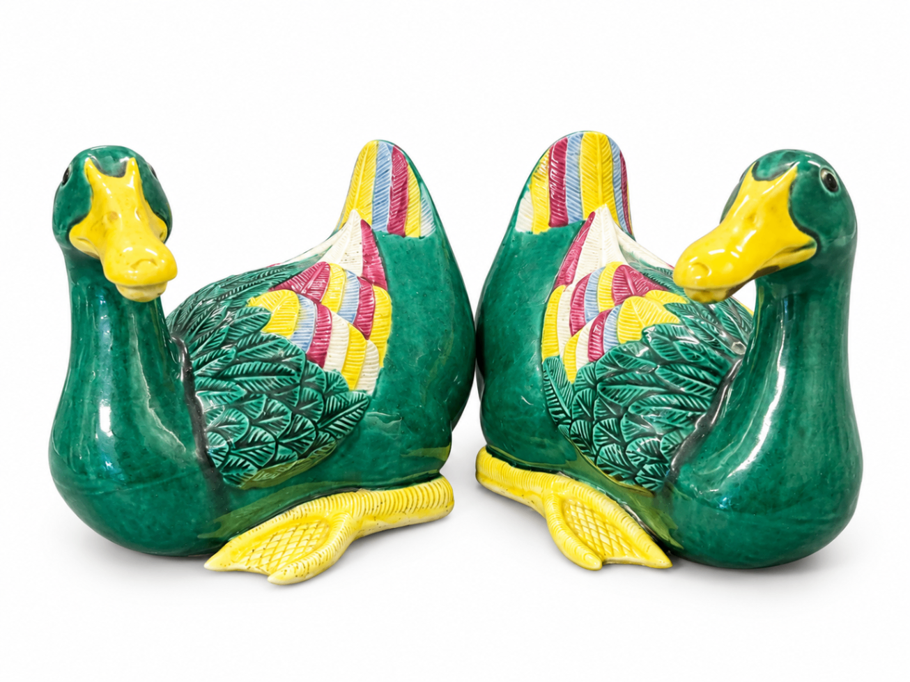 Pair of Chinese Export Sancai-Style Ceramic Duck Figurines, Emerald Green Glaze