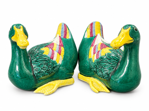 Pair of Chinese Export Sancai-Style Ceramic Duck Figurines, Emerald Green Glaze