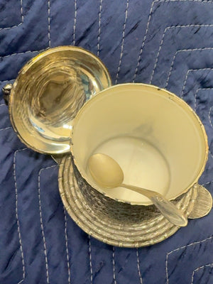 Vintage Silver-Tone Beehive Honey Pot with Liner and Spoon