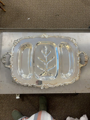 Ornate Silver-Tone Divided Meat Serving Platter with Handles and Tree-Well Center – 24 Inches