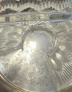 Ornate Silver-Tone Relish Tray with Four Removable Glass Serving Dishes