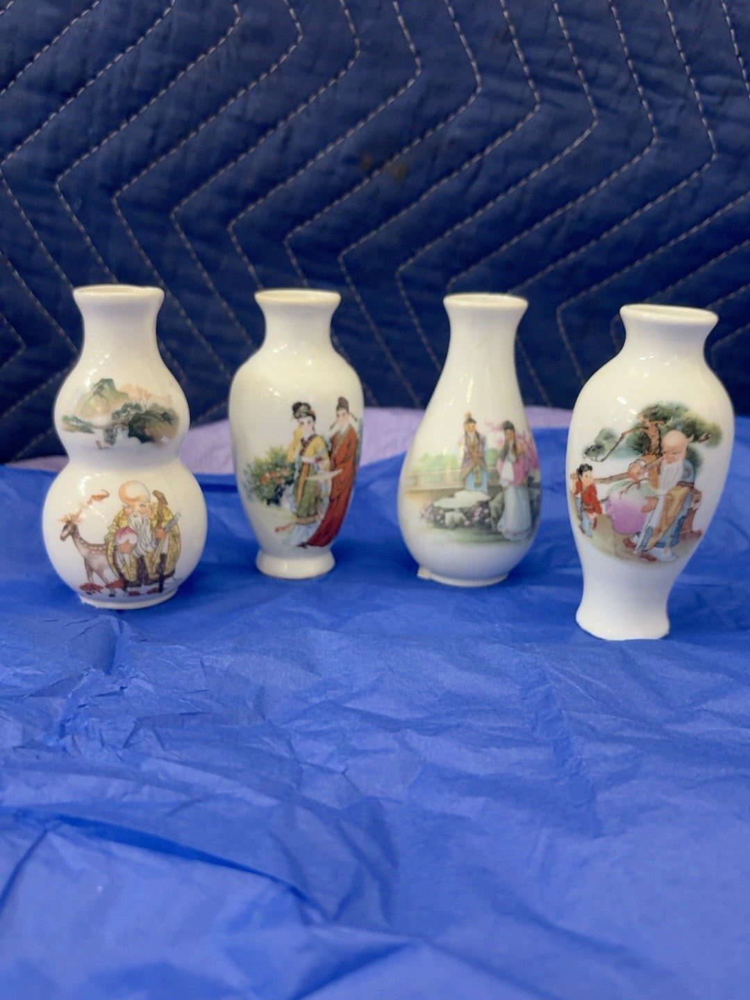 Set of Four Chinese-Style Porcelain Bud Vases with Figural Scenes