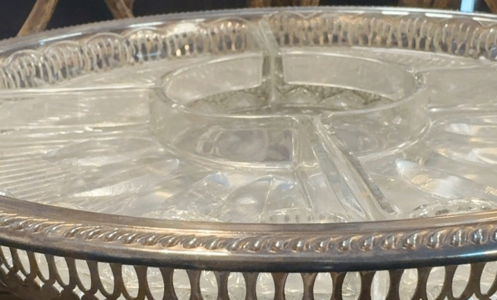 Ornate Silver-Tone Relish Tray with Four Removable Glass Serving Dishes