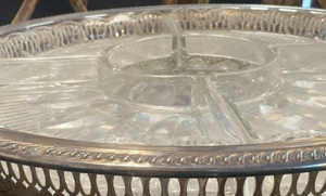 Ornate Silver-Tone Relish Tray with Four Removable Glass Serving Dishes