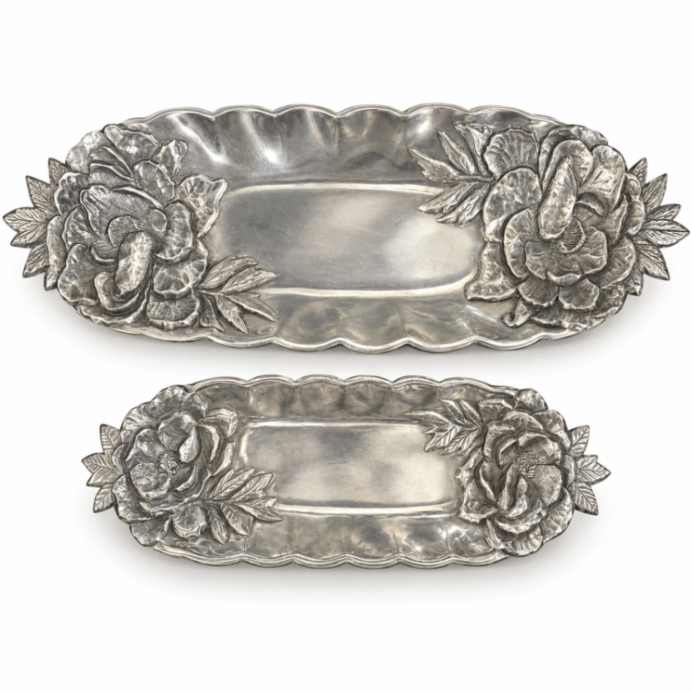 Susan Stocking for The Pintel Collection, Pair of Floral Cast-Aluminum Serving Trays – 14″ & 20″ copyright dates of 1990 and 1991