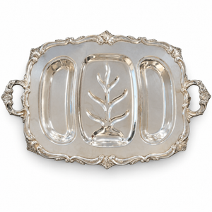 Ornate Silver-Tone Divided Serving Platter with Handles and Tree-Well Center – 24 Inches