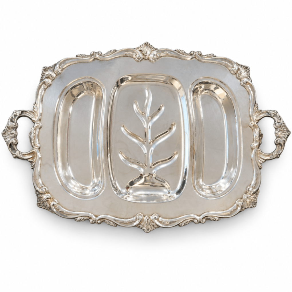 Ornate Silver-Tone Divided Meat Serving Platter with Handles and Tree-Well Center – 24 Inches