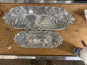 Susan Stocking for The Pintel Collection, Pair of Floral Cast-Aluminum Serving Trays – 14″ & 20″ copyright dates of 1990 and 1991