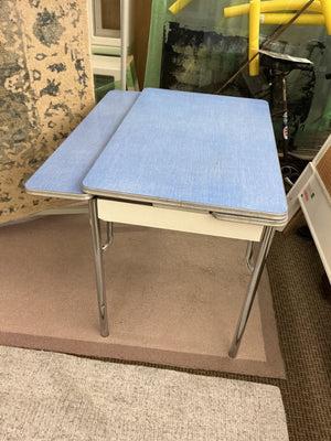 Vintage Mid-Century Blue Laminate Dinette Table with Chrome Legs & Two Extension Leaves
