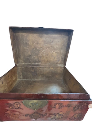 Antique Chinese Red Lacquered Pig Skin Wedding Chest Circa 1900 28x12x19