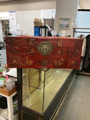 Antique Chinese Red Lacquered Pig Skin Wedding Chest Circa 1900 28x12x19