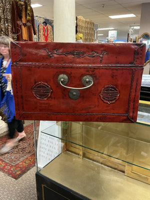 Antique Chinese Red Lacquered Pig Skin Wedding Chest Circa 1900 28x12x19