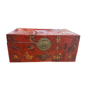 Antique Chinese Red Lacquered Pig Skin Wedding Chest Circa 1900 28x12x19