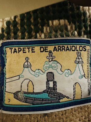 Portuguese Cream and Green Arraiolos Runner Rug with Dark Red and Pink Accents- Wool on cotton Foundation