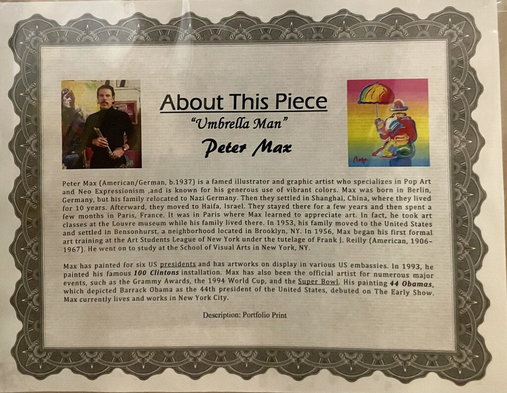 Peter Max Umbrella Man Print w/Cert. (NEW)