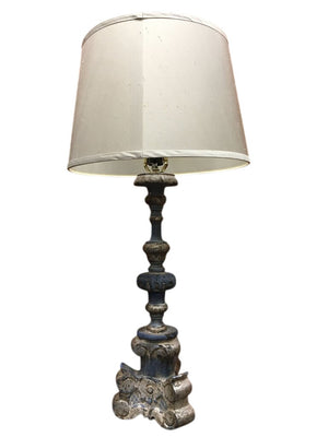 Distressed Wood Silver Blue Table Lamp Pair 30" by Miss Daisy's Consignment & Auction House