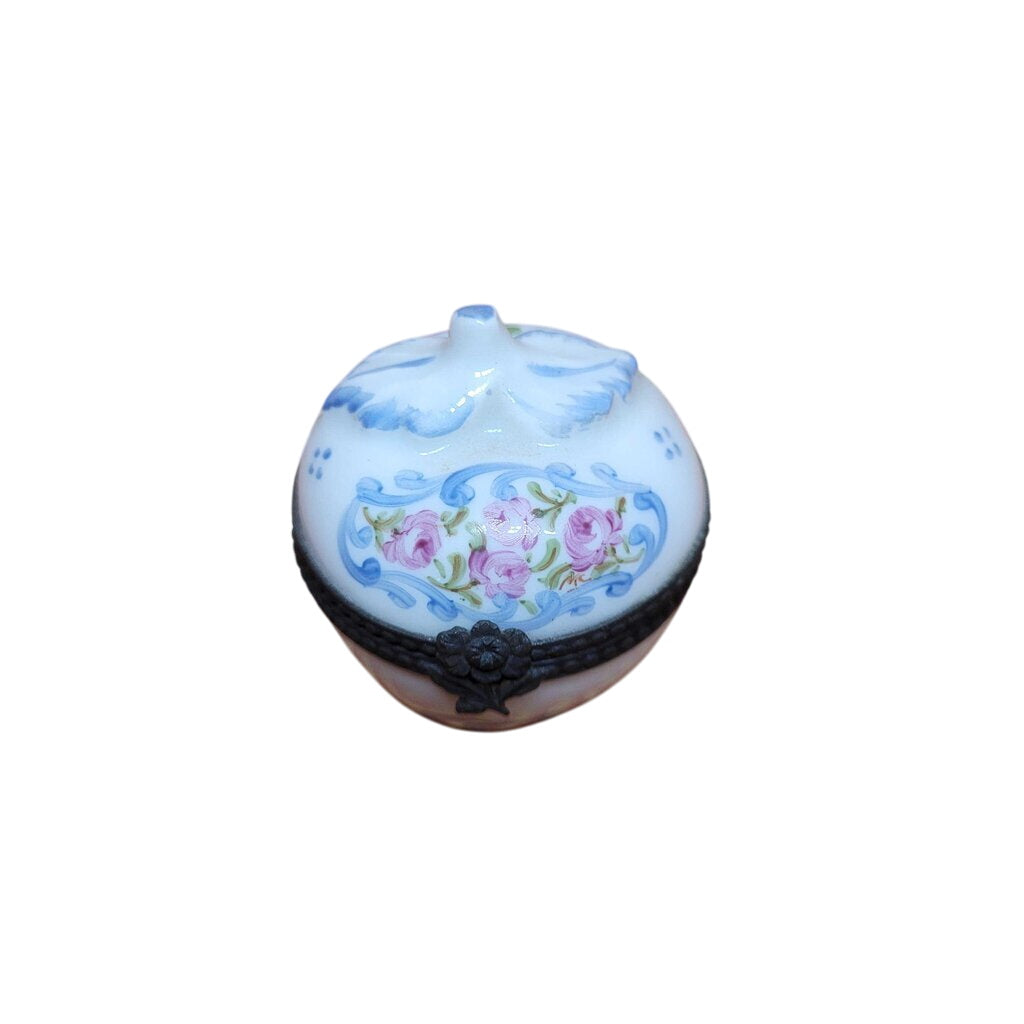 Vintage Limoges Pill Box Blue Scrolls Pink Roses by Miss Daisy's Consignment & Auction House