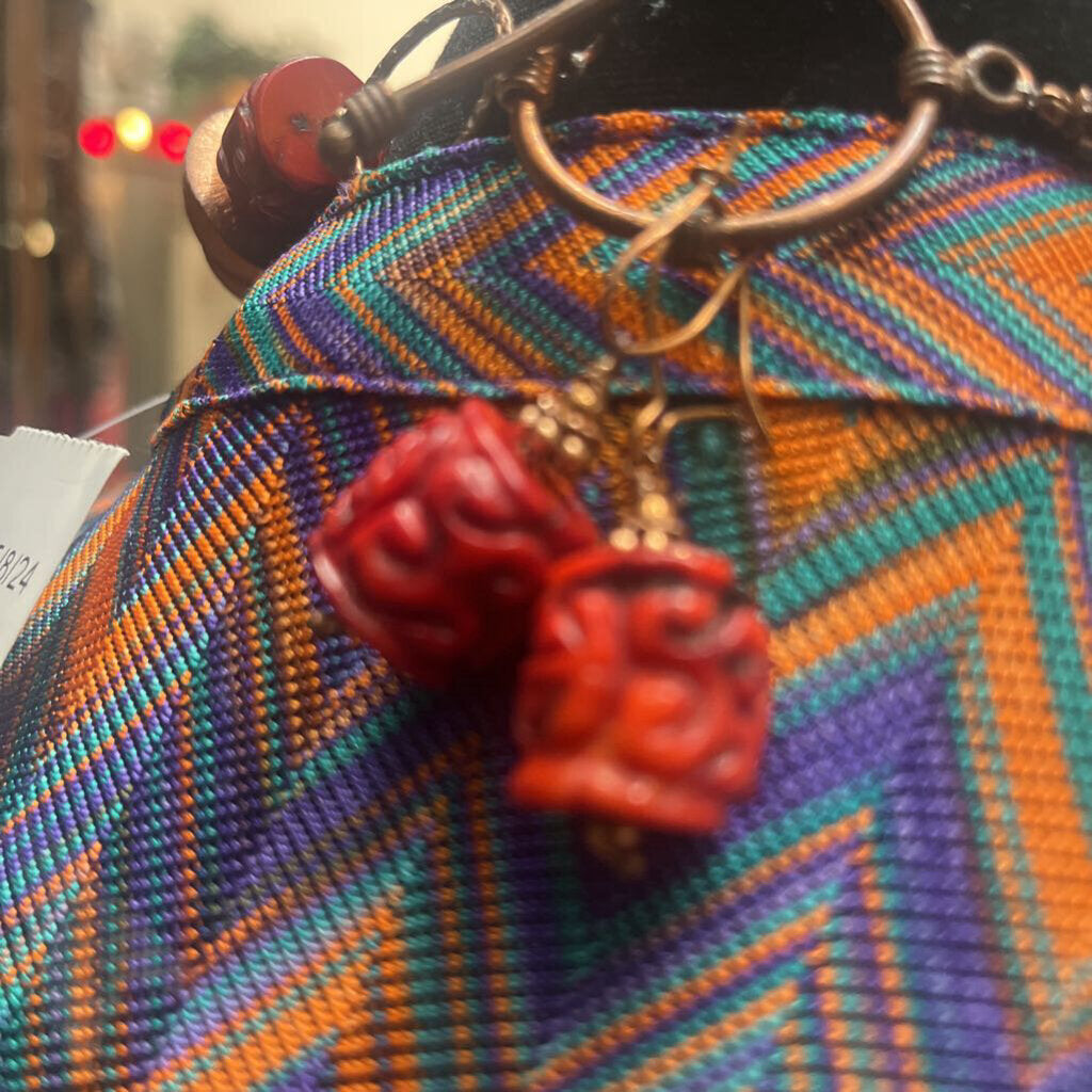 Vintage Antique Coral and Brass Necklace + Earrings