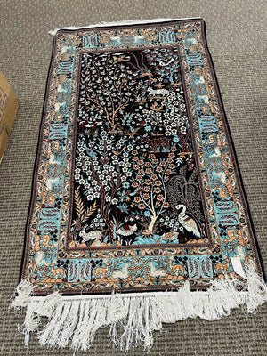 Chinese Black and Light Blue Tientsin Silk Rug with Red and Tan Accents- Silk on Silk Foundation