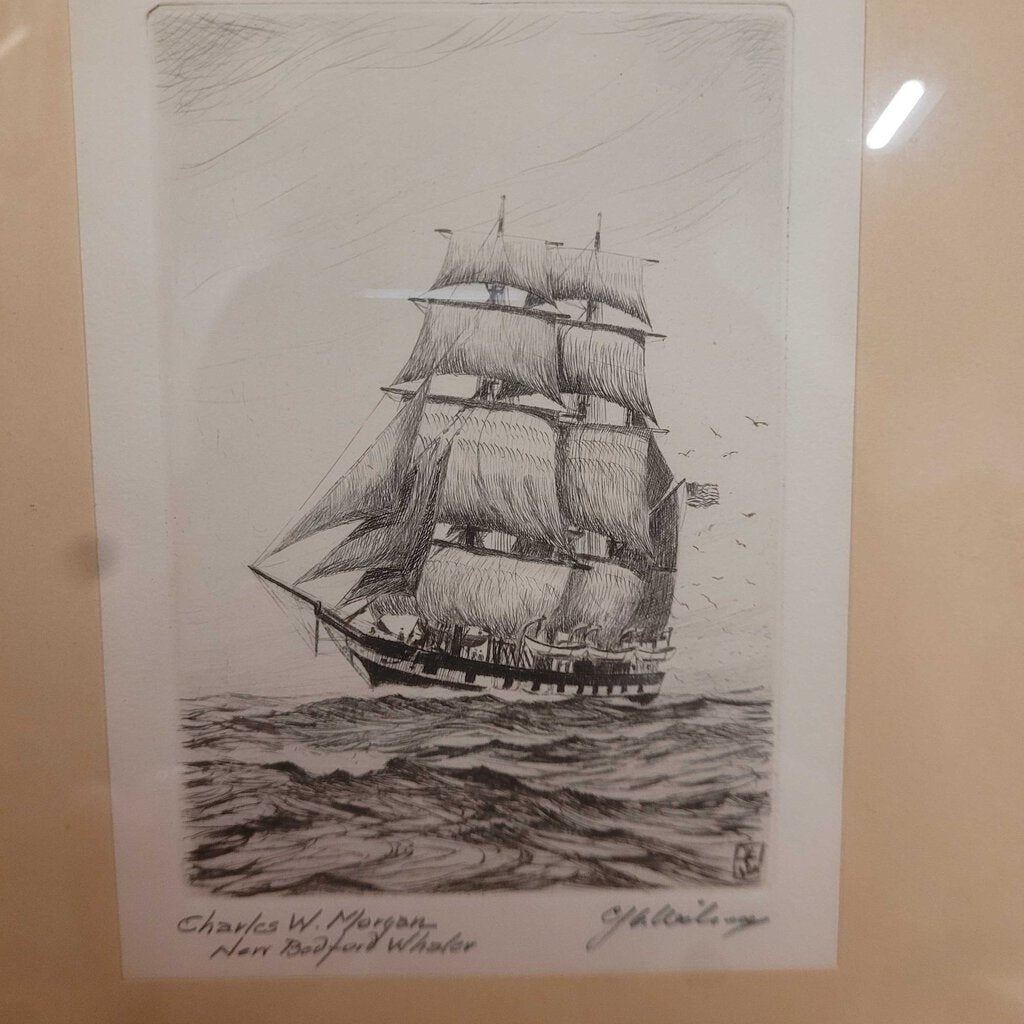 Charles Wilson "New Bedford Whaler" Signed Pencil Etching 11.5x9.5