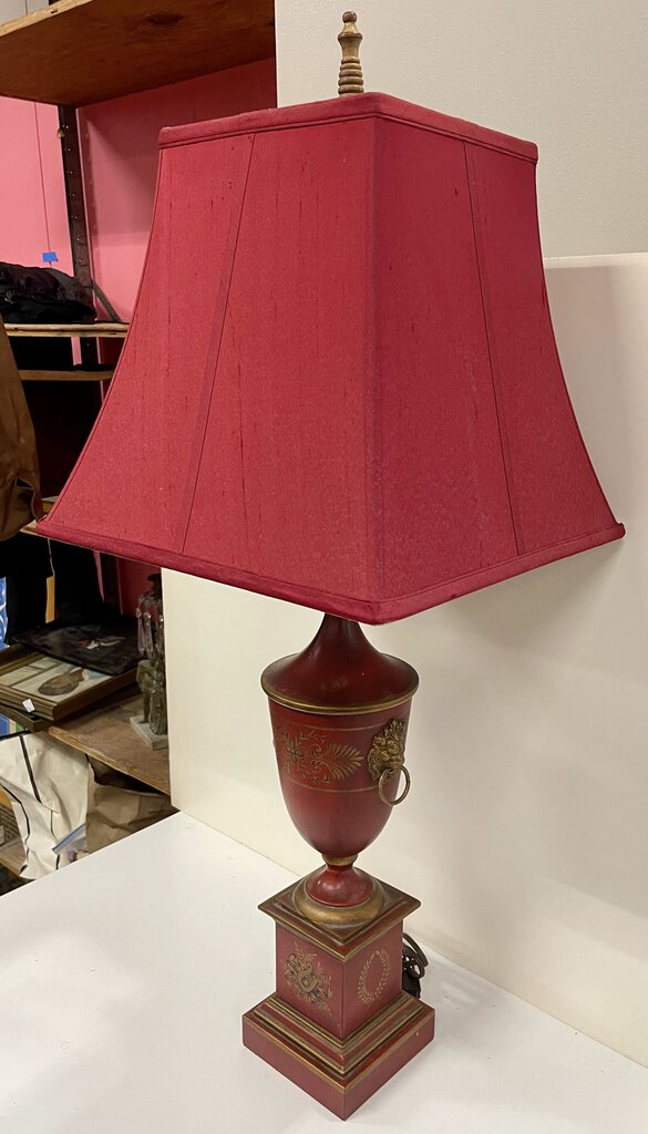 Neoclassical Urn-Style Red Tole Lamp w/ Lion Heads by Miss Daisy's Consignment & Auction House
