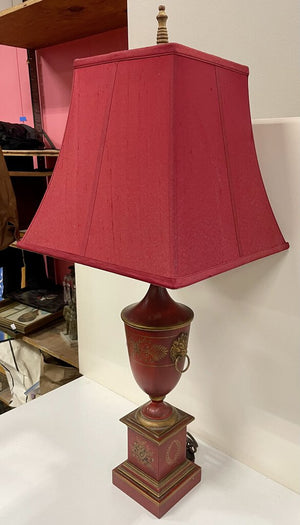 Neoclassical Urn-Style Red Tole Lamp w/ Lion Heads by Miss Daisy's Consignment & Auction House