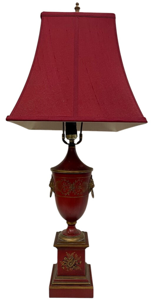Neoclassical Urn-Style Red Tole Lamp w/ Lion Heads by Miss Daisy's Consignment & Auction House