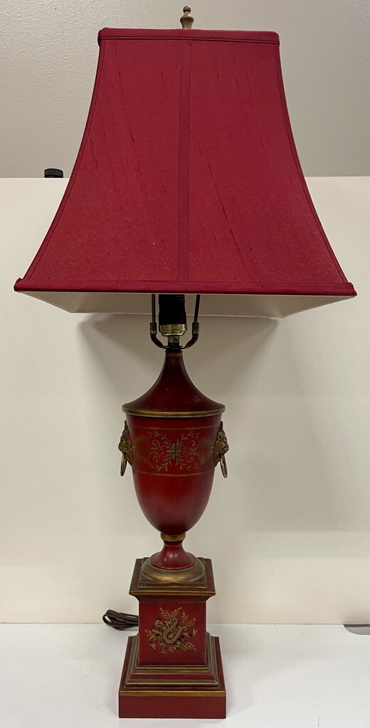 Neoclassical Urn-Style Red Tole Lamp w/ Lion Heads
