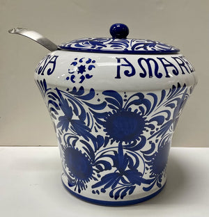 Deruta Italy Fabbri Majolica Blue White Lidded Jar w/ Ladle