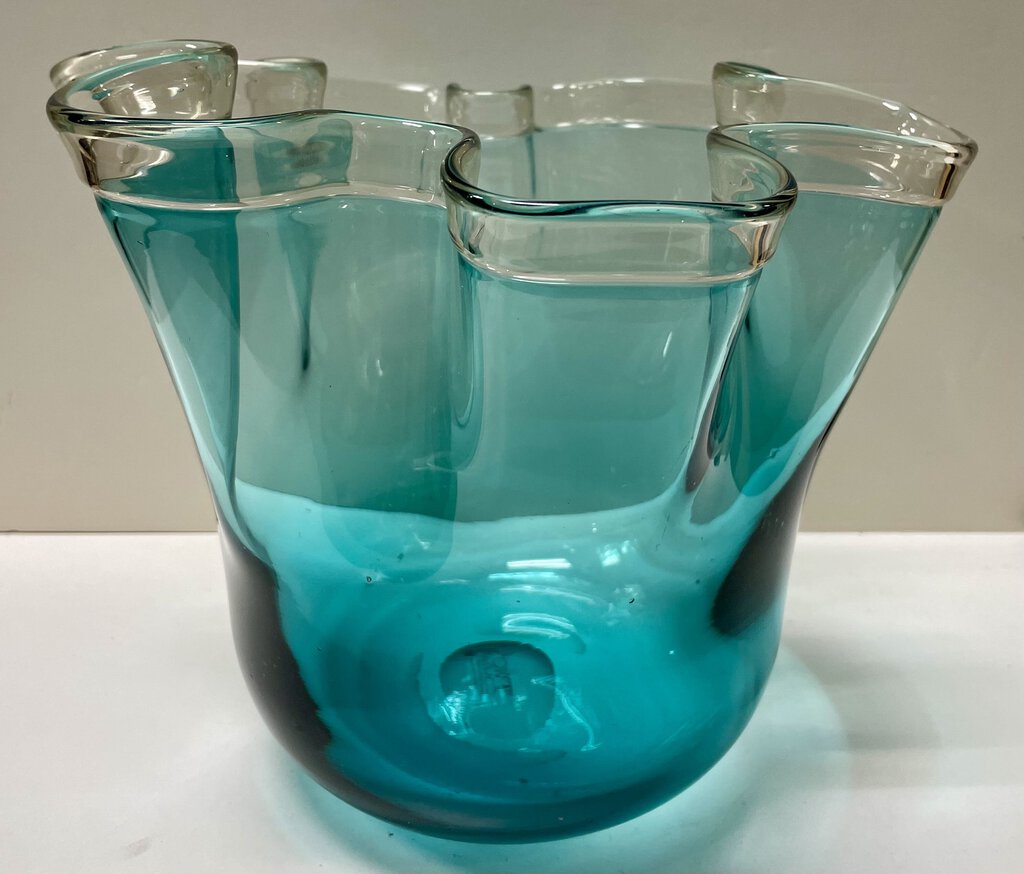 Two's Company Clear Blue Green Ruffled Glass Bowl