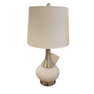 360 Lighting Serrena White Glass Brushed Nickel Table Lamp by Miss Daisy's Consignment & Auction House